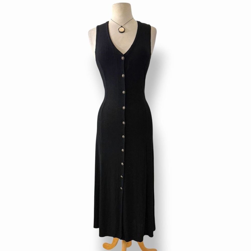 VTG 90s Whimsygoth Slinky Ribbed Maxi Dress Witchy Grunge Tie Back Black Medium
